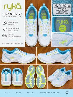 Ryka Teanna V1 Women’s 7.5M White Aqua Memory Foam Walking Sneakers